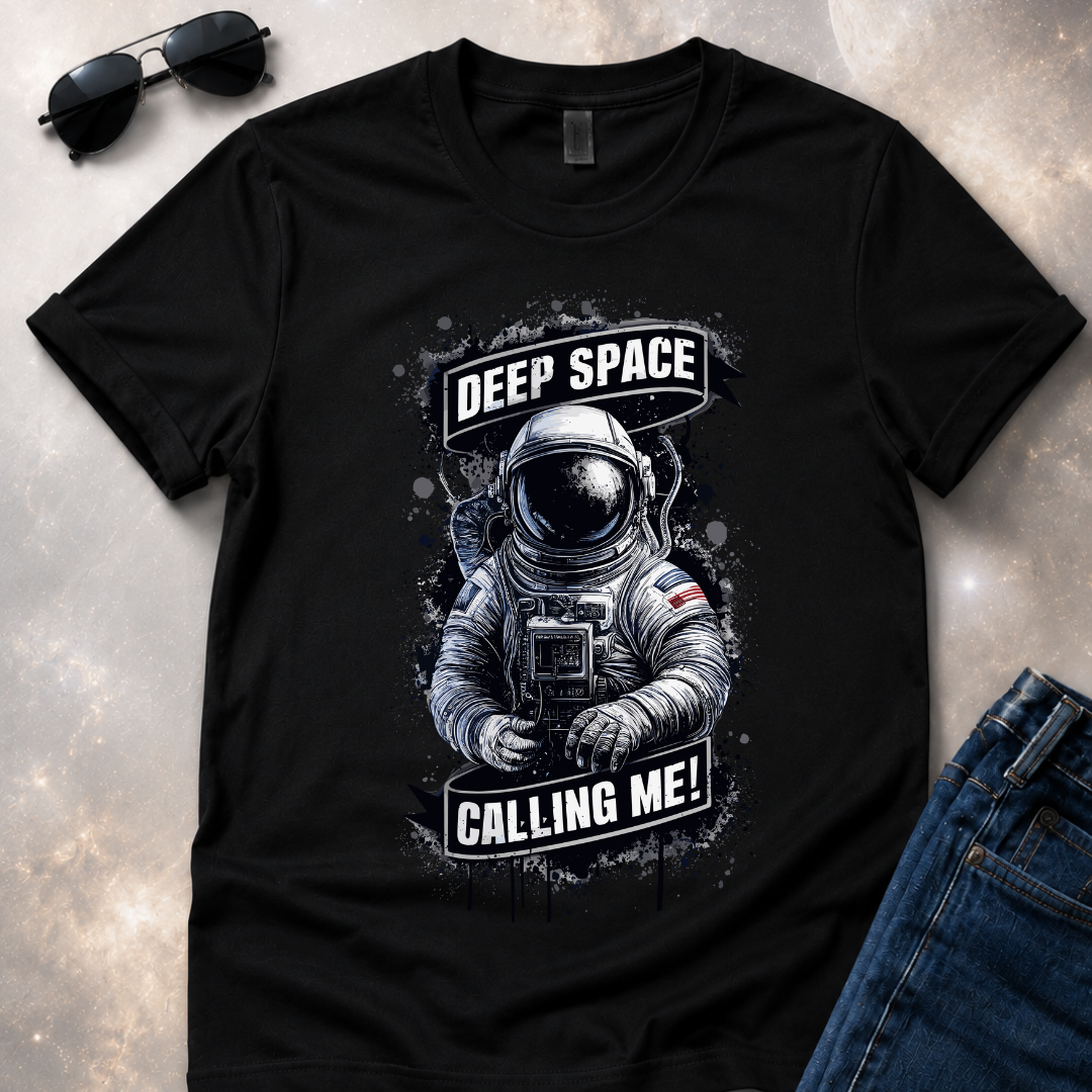 Black t-shirt with an astronaut graphic and 'Deep Space Calling Me!' text on a textured surface.