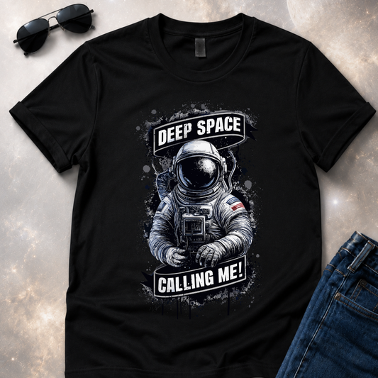 Black t-shirt with an astronaut graphic and 'Deep Space Calling Me!' text on a textured surface.