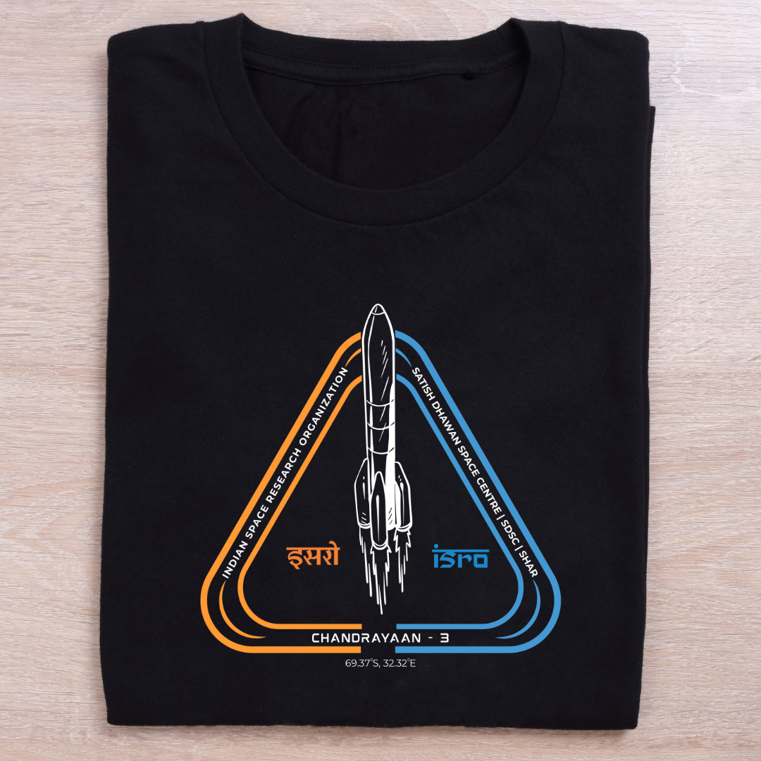 Black t-shirt with ISRO Chandrayaan-3 graphic on a wooden surface