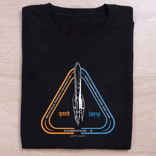 Black t-shirt with ISRO Chandrayaan-3 graphic on a wooden surface