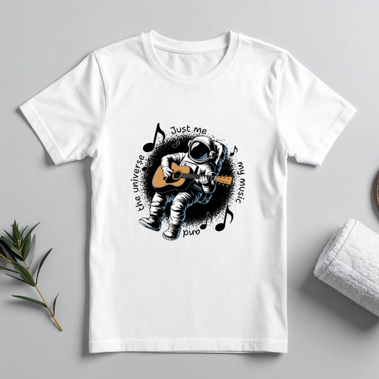 White t-shirt with an astronaut playing guitar graphic on a gray background