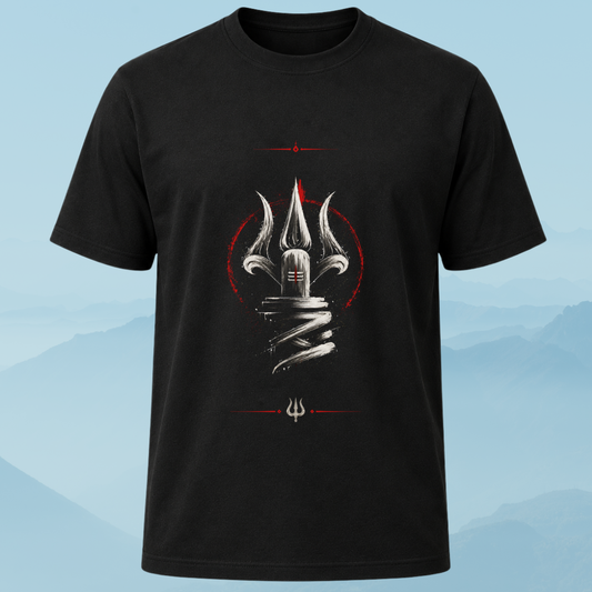 Black t-shirt with 'mahadev trishul' graphic design on a white background