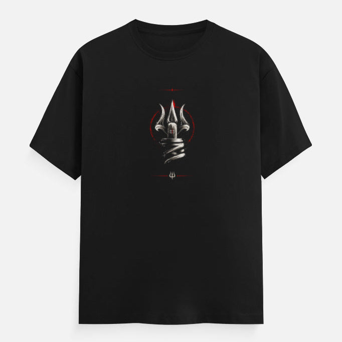 Black t-shirt with 'mahadev trishul' graphic design on a white background