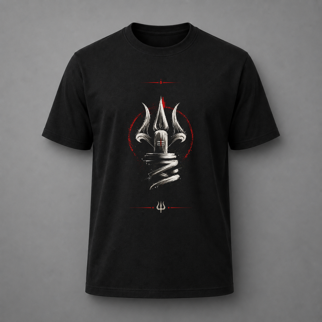 A black short-sleeve crewneck t-shirt featuring a central graphic of a metallic trident resting on a coiled snake, framed by a red circular ring and red horizontal lines above and below, shown against a neutral gray background.