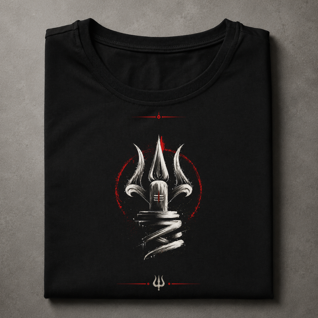 A folded black t-shirt with a graphic print of a metallic trident inside a red circular frame, displayed on a textured gray background.