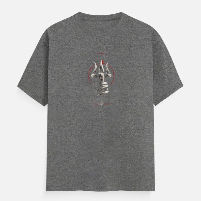charcoal melange t-shirt with 'mahadev trishul' graphic design on a white background