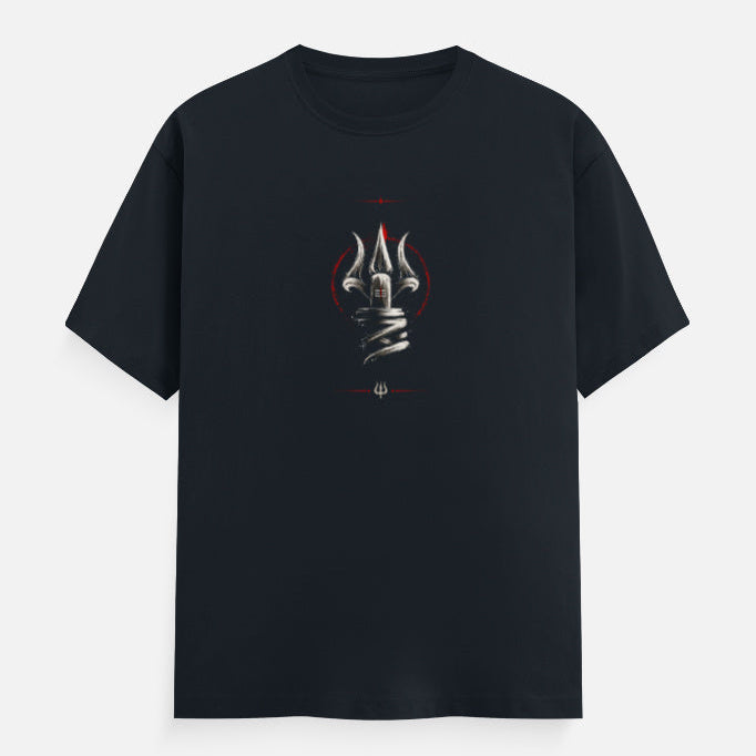 navy blue t-shirt with 'mahadev trishul' graphic design on a white background