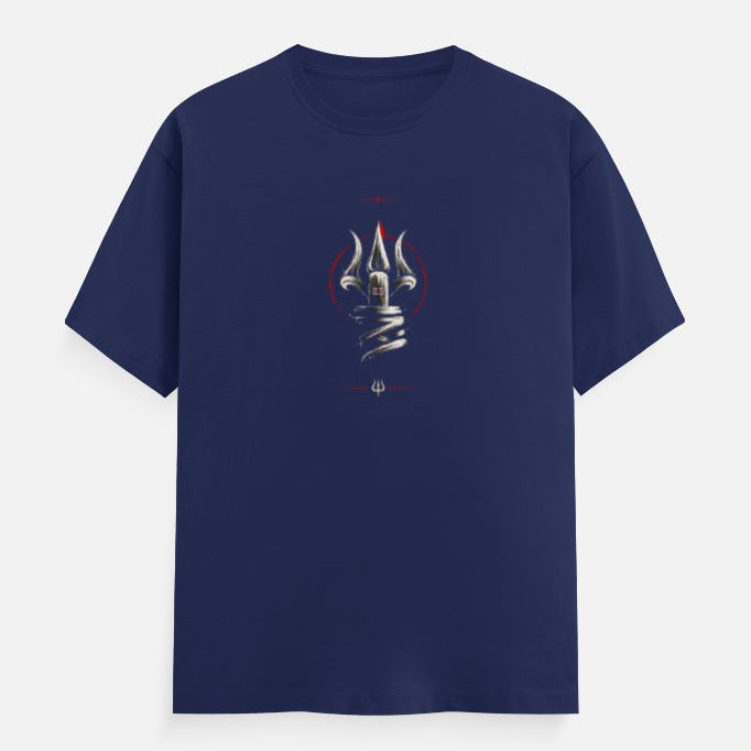 Royal blue t-shirt with 'mahadev trishul' graphic design on a white background
