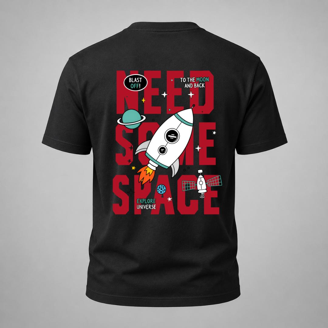 Black t-shirt with a space-themed graphic on the back against a gray background
