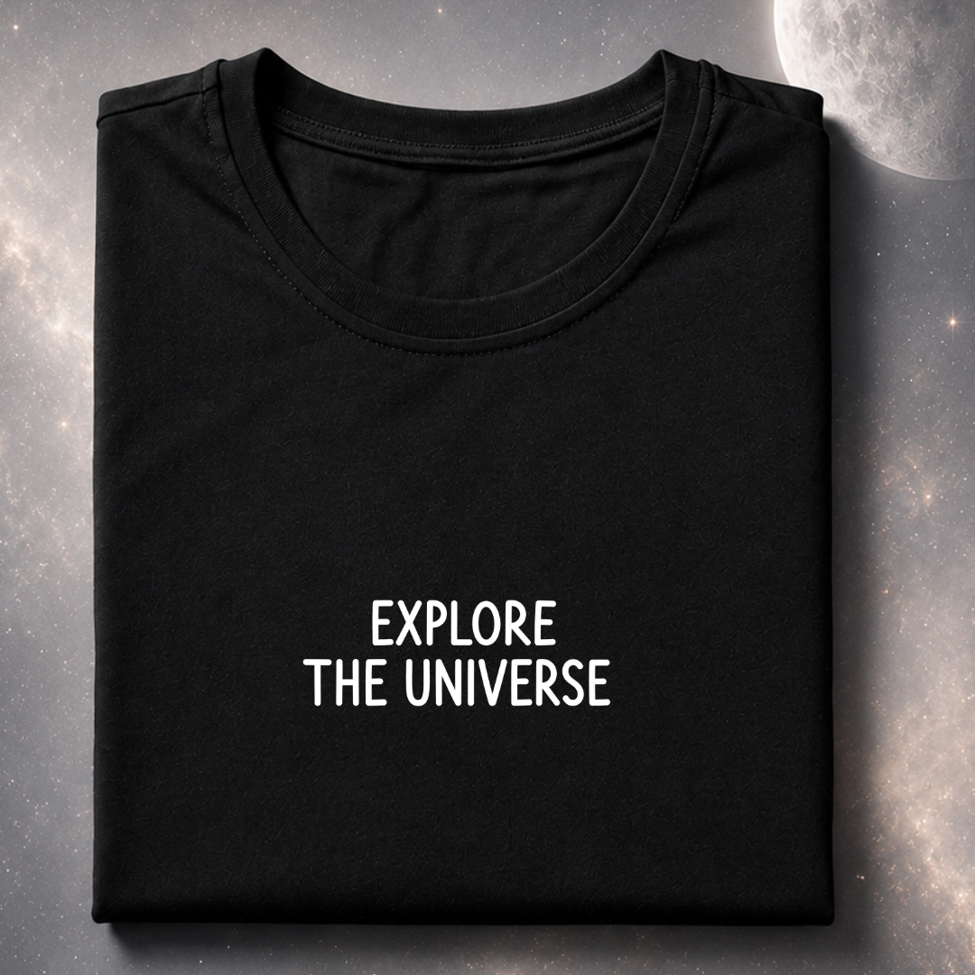 Black t-shirt with 'EXPLORE THE UNIVERSE' text on a textured surface with celestial background