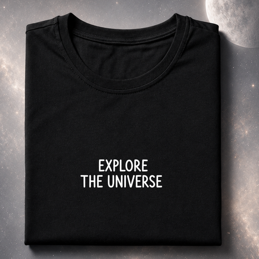 Black t-shirt with 'EXPLORE THE UNIVERSE' text on a textured surface with celestial background