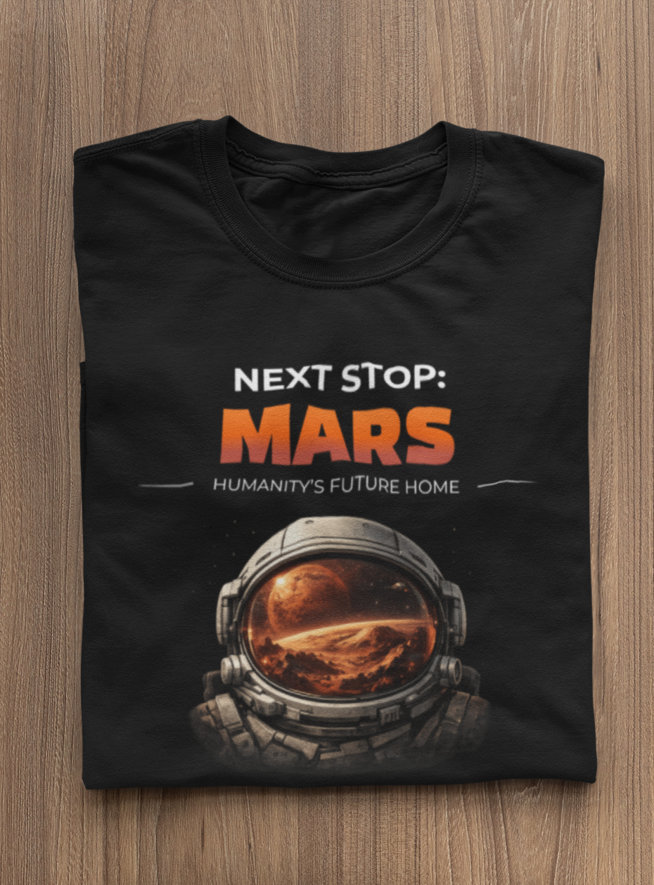 Black t-shirt with space-themed mars design
