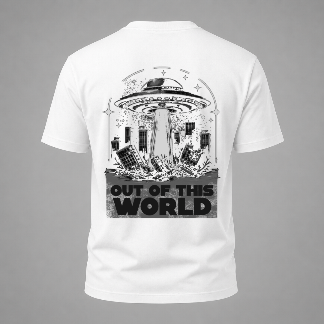White t-shirt with a graphic design and 'Out of this World' text on a gray background
