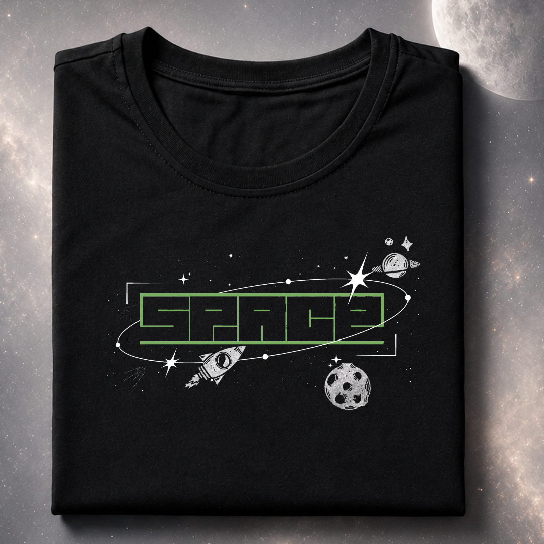 Black t-shirt with 'SPACE' graphic design on a textured surface