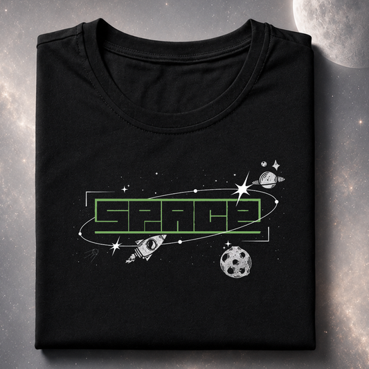 Black t-shirt with 'SPACE' graphic design on a textured surface