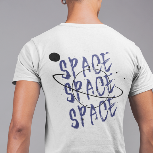 Person wearing a gray t-shirt with 'SPACE' text on the back against a gray background