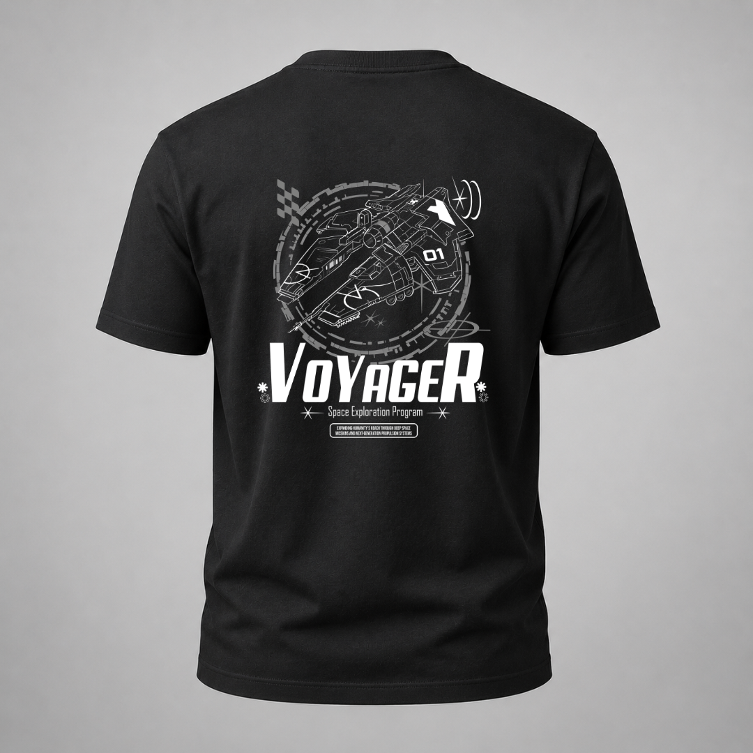 Black t-shirt with 'Voyager' space exploration graphic on a gray background
