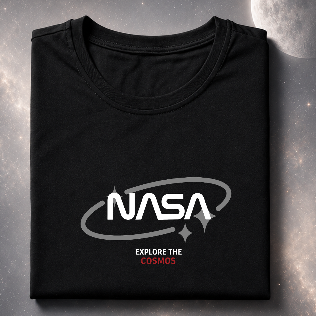 Black t-shirt with NASA logo and 'Explore the Cosmos' text on a gray surface with moon in background