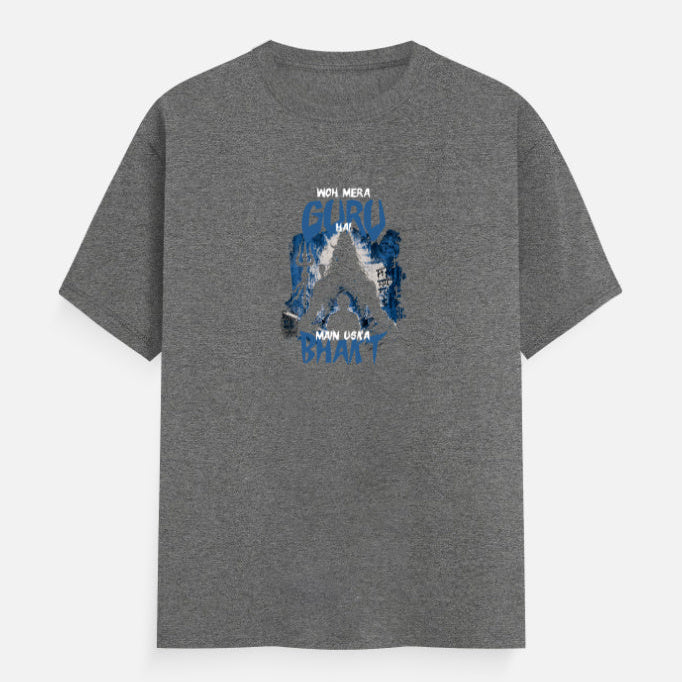 Charcoal Melange t-shirt with blue mahadev silhouette graphic design and text on a white background with a man sitting in front of him