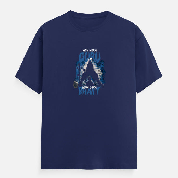 royal blue t-shirt with blue mahadev silhouette graphic design and text on a white background with a man sitting in front of him
