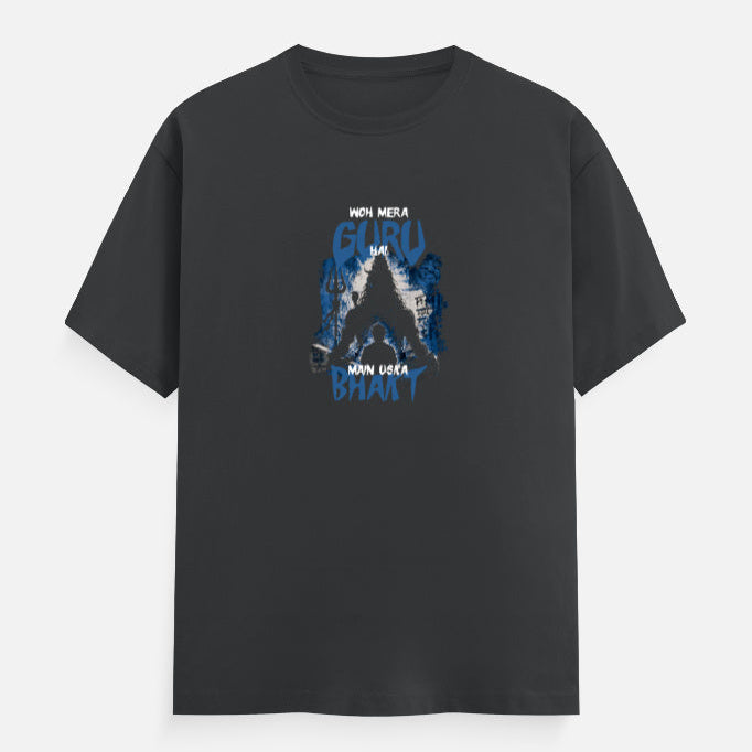 steel grey t-shirt with blue mahadev silhouette graphic design and text on a white background with a man sitting in front of him
